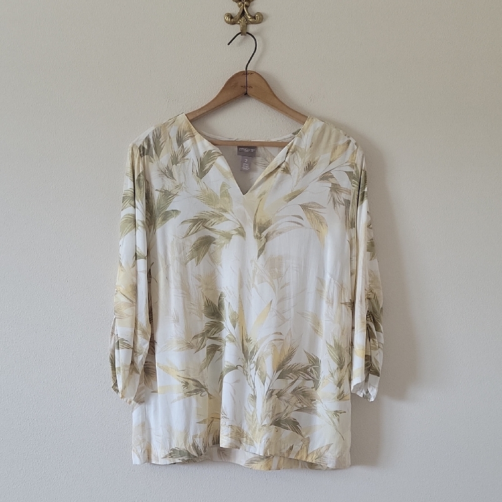Chico's Tropical‎ Leaf Print 3/4 Sleeve Popover Blouse Size Large